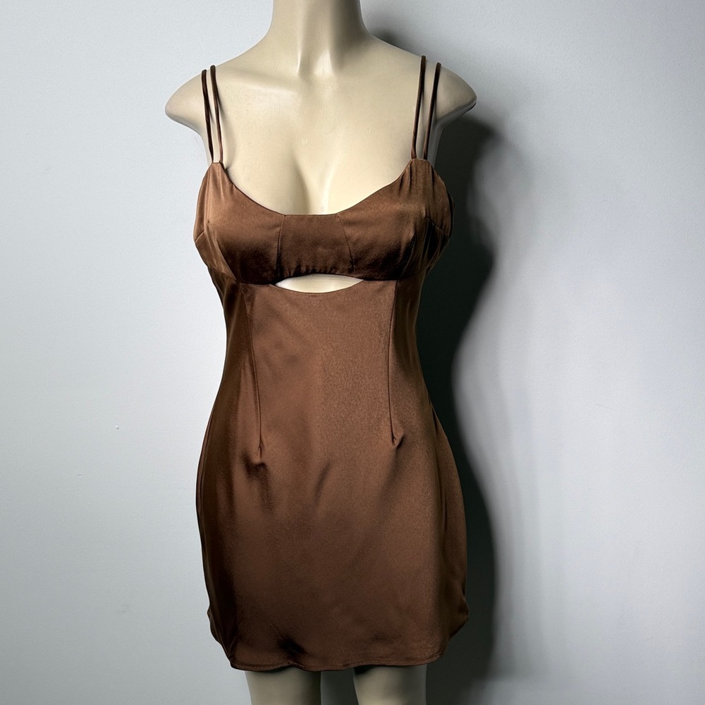 Meshki Chocolate Brown Satin Mini Dress with Cutout